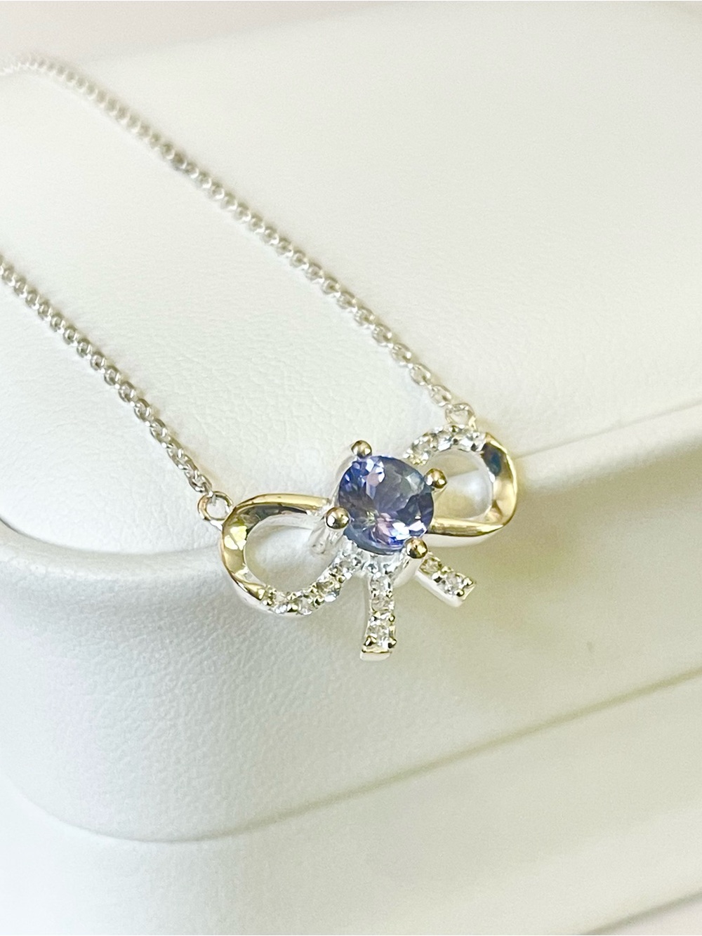 Natural Tanzanite Bow Necklace, 925 Sterling Silver Delicate White Topaz!!